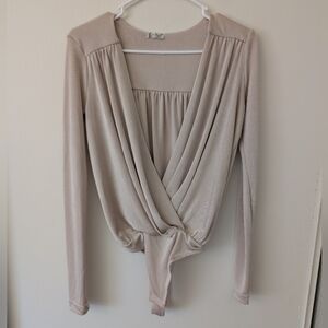 Free People Intimately Womens Small Deep V Bodysuit Beige Cottage Fairy Boho